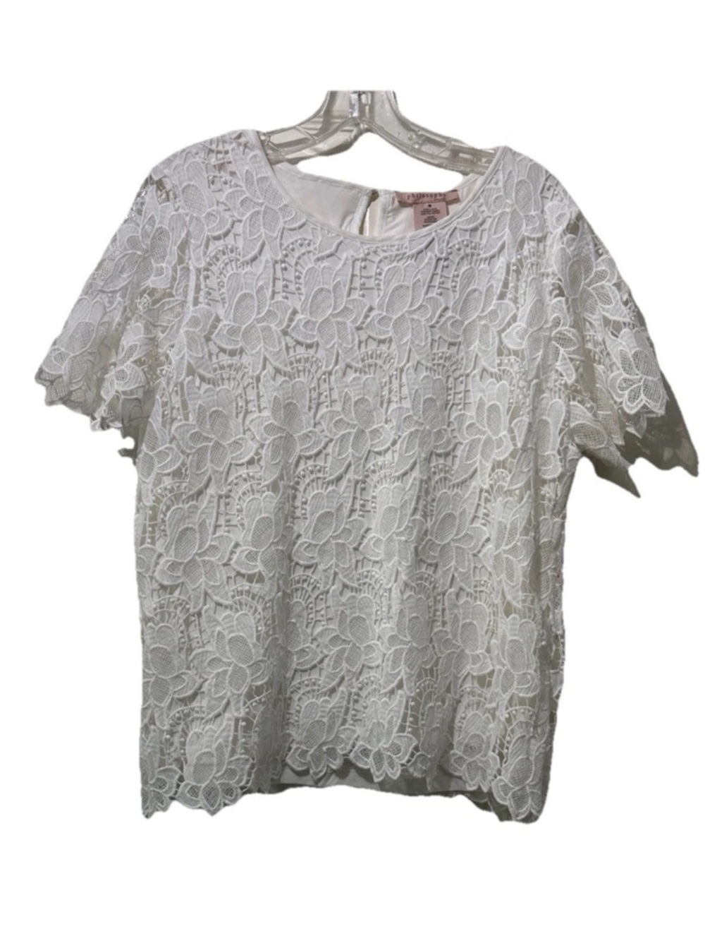 Philosophy White Floral Lace Short Sleeve Top Blouse Size Medium Crochet Look